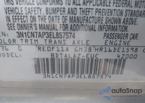 2014 Nissan Versa 1.6 S+ z USA, uszkodzony, nr VIN 3N1CN7AP3EL857574